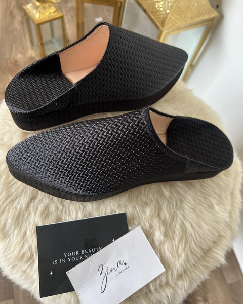 Sleek Black Woven Platform Mules