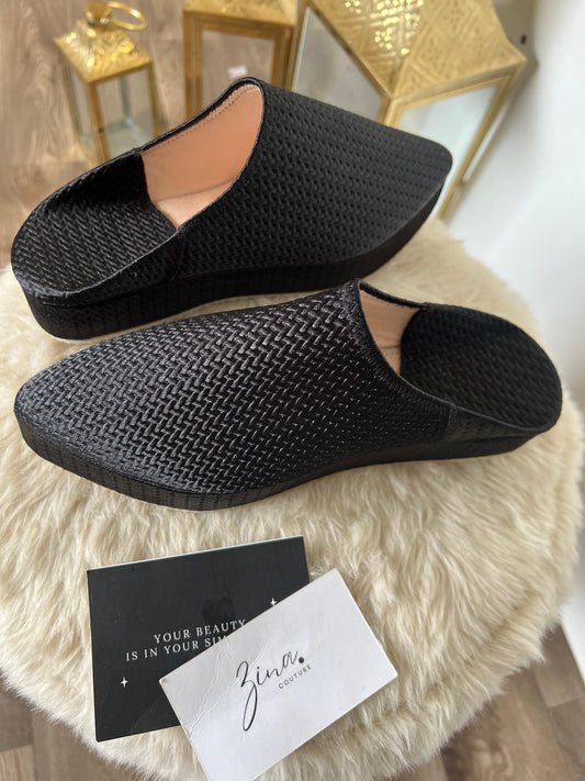 Sleek Black Woven Platform Mules
